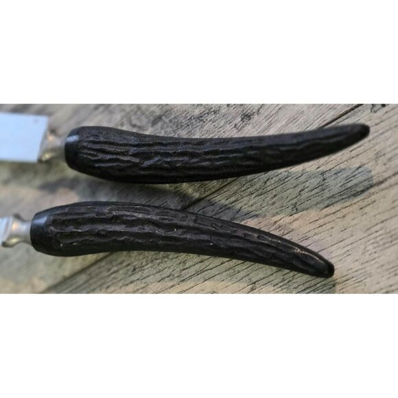 Antique Cattaraugus Vanadium Carving Knife & Fork Set Black Faux Antler Handles - Picture 6 of 9